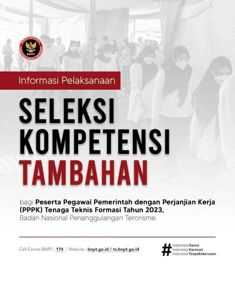 PERUBAHAN PENGUMUMAN NOMOR KP.02.00/30/2023 TENTANG PELAKSANAAN SELEKSI KOMPETENSI TEKNIS TAMBAHAN PEGAWAI PEMERINTAH DENGAN PERJANJIAN KERJA TENAGA TEKNIS BADAN NASIONAL PENANGGULANGAN TERORISME TAHUN ANGGARAN 2023